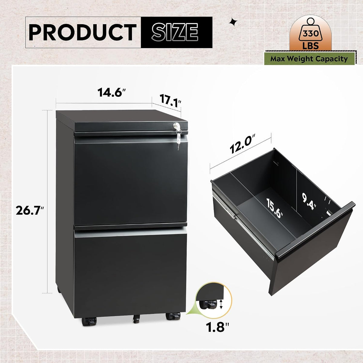 3 Drawer Mobile File Cabinet with Lock, Under Desk Metal Filing Cabinet for Home Office/Legal/Letter/A4 File, Fully Assembled Except Wheels, Black