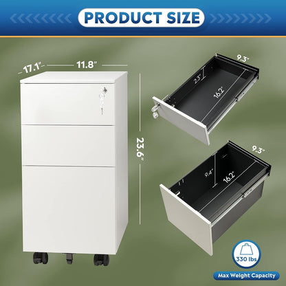 3 Drawer Mobile File Cabinet with Lock, Under Desk Metal Filing Cabinet for Home Office/Legal/Letter/A4 File, Fully Assembled Except Wheels, Black