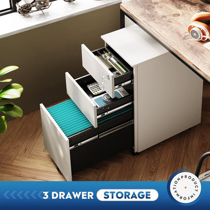 3 Drawer Mobile File Cabinet with Lock, Under Desk Metal Filing Cabinet for Home Office/Legal/Letter/A4 File, Fully Assembled Except Wheels, Black
