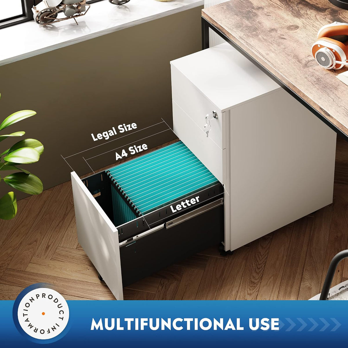 3 Drawer Mobile File Cabinet with Lock, Under Desk Metal Filing Cabinet for Home Office/Legal/Letter/A4 File, Fully Assembled Except Wheels, Black