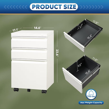 3 Drawer Mobile File Cabinet with Lock, Under Desk Metal Filing Cabinet for Home Office/Legal/Letter/A4 File, Fully Assembled Except Wheels, Black
