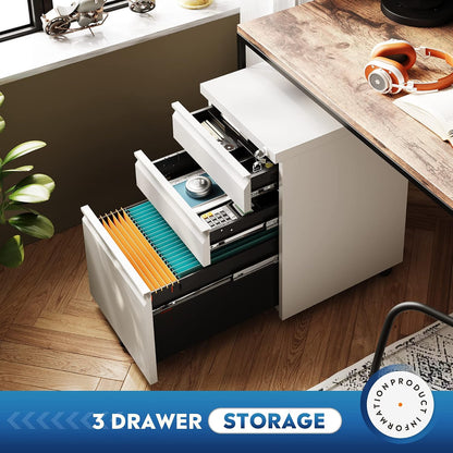 3 Drawer Mobile File Cabinet with Lock, Under Desk Metal Filing Cabinet for Home Office/Legal/Letter/A4 File, Fully Assembled Except Wheels, Black