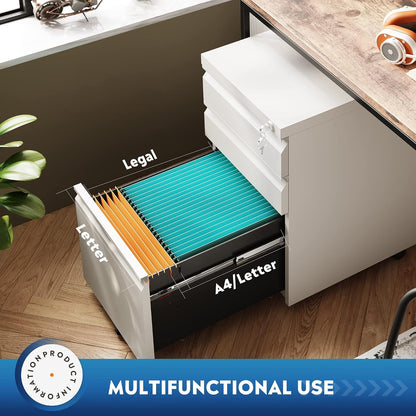 3 Drawer Mobile File Cabinet with Lock, Under Desk Metal Filing Cabinet for Home Office/Legal/Letter/A4 File, Fully Assembled Except Wheels, Black