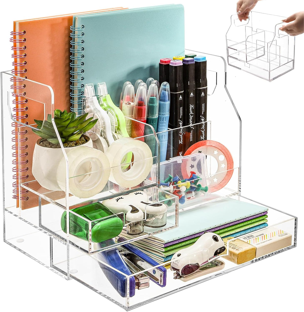 Acrylic Desk Organizer with 7 Compartments, Clear Desktop Storage with 2 Drawers for Office Supplies, Pen Holder, Stationery Caddy, Makeup Brushes, Transparent Organizer for Home School