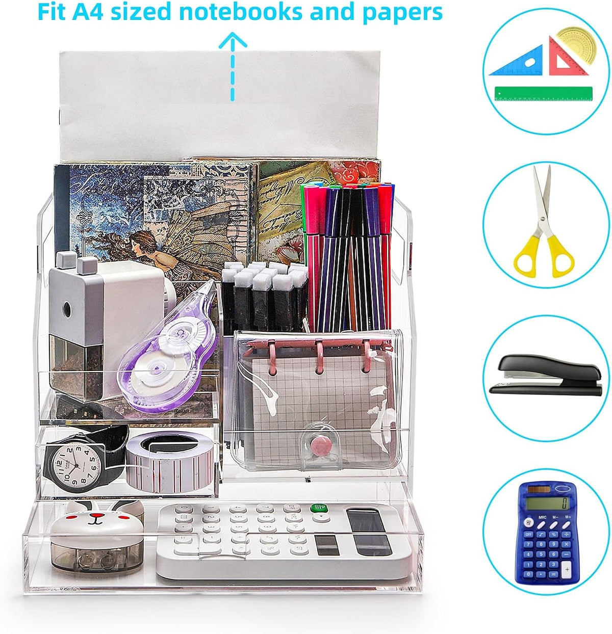 Acrylic Desk Organizer with 7 Compartments, Clear Desktop Storage with 2 Drawers for Office Supplies, Pen Holder, Stationery Caddy, Makeup Brushes, Transparent Organizer for Home School