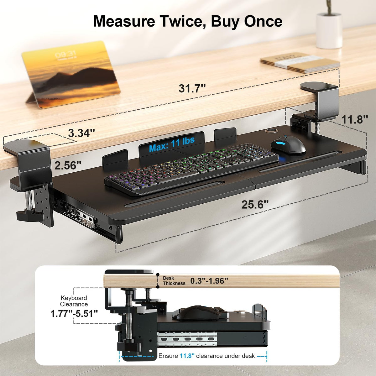 Keyboard Tray Under Desk with 60° Swivel Clamp & Height Adjustment