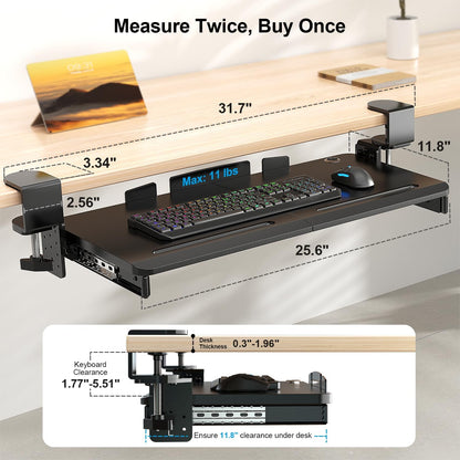 Keyboard Tray Under Desk with 60° Swivel Clamp & Height Adjustment