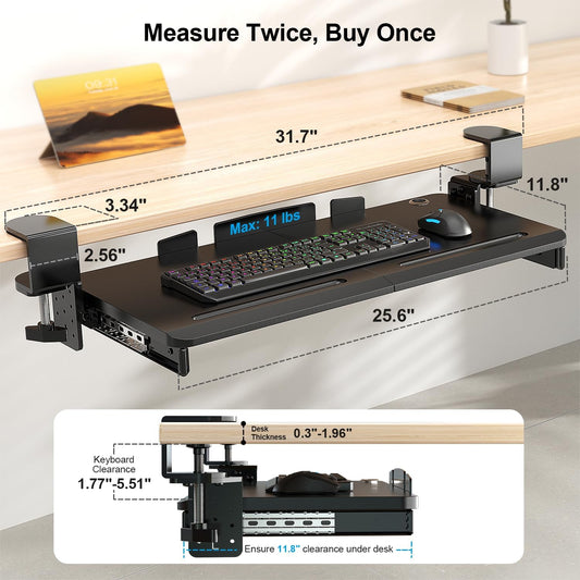 Keyboard Tray Under Desk with 60° Swivel Clamp & Height Adjustment