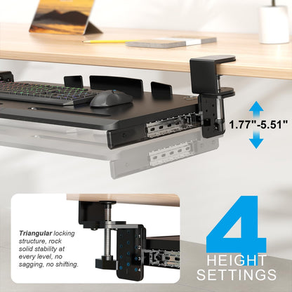Keyboard Tray Under Desk with 60° Swivel Clamp & Height Adjustment