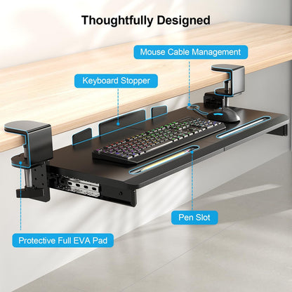 Keyboard Tray Under Desk with 60° Swivel Clamp & Height Adjustment