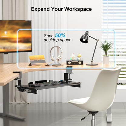 Keyboard Tray Under Desk with 60° Swivel Clamp & Height Adjustment