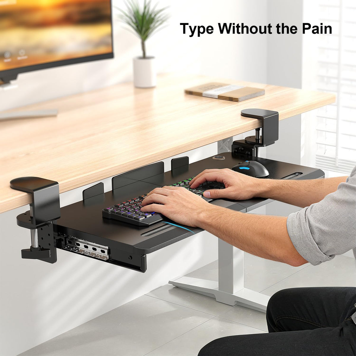 Keyboard Tray Under Desk with 60° Swivel Clamp & Height Adjustment