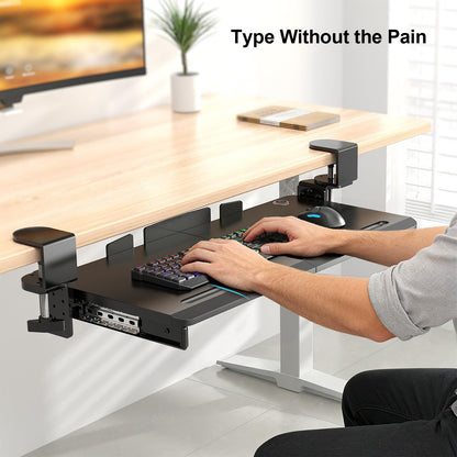 Keyboard Tray Under Desk with 60° Swivel Clamp & Height Adjustment