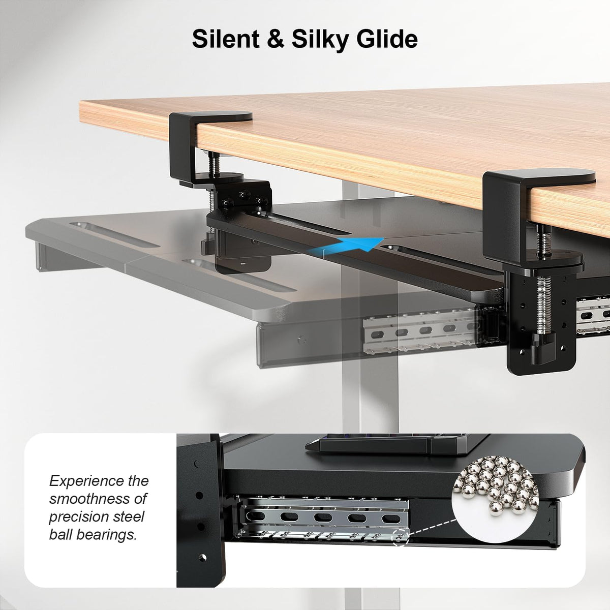 Keyboard Tray Under Desk with 60° Swivel Clamp & Height Adjustment