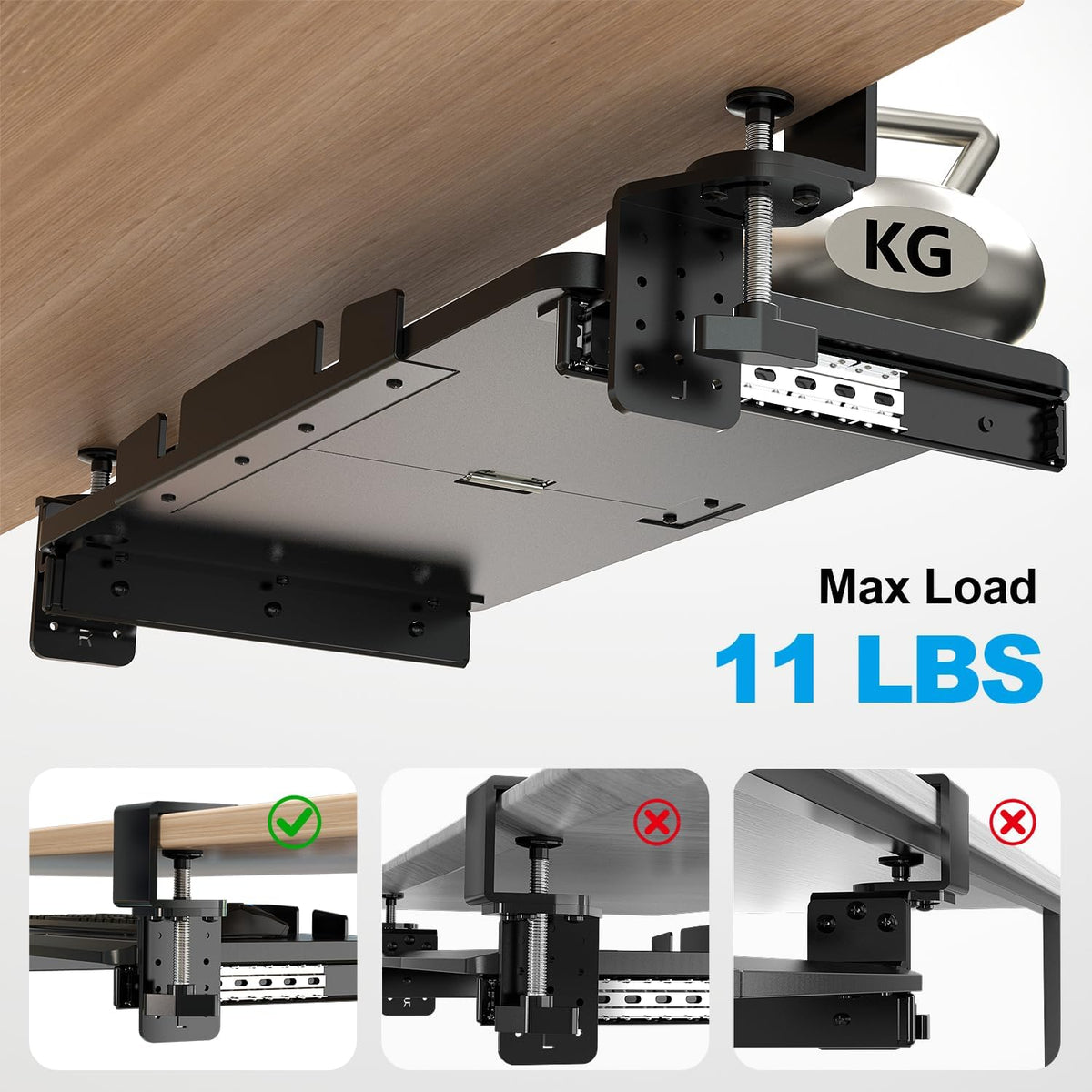 Keyboard Tray Under Desk with 60° Swivel Clamp & Height Adjustment