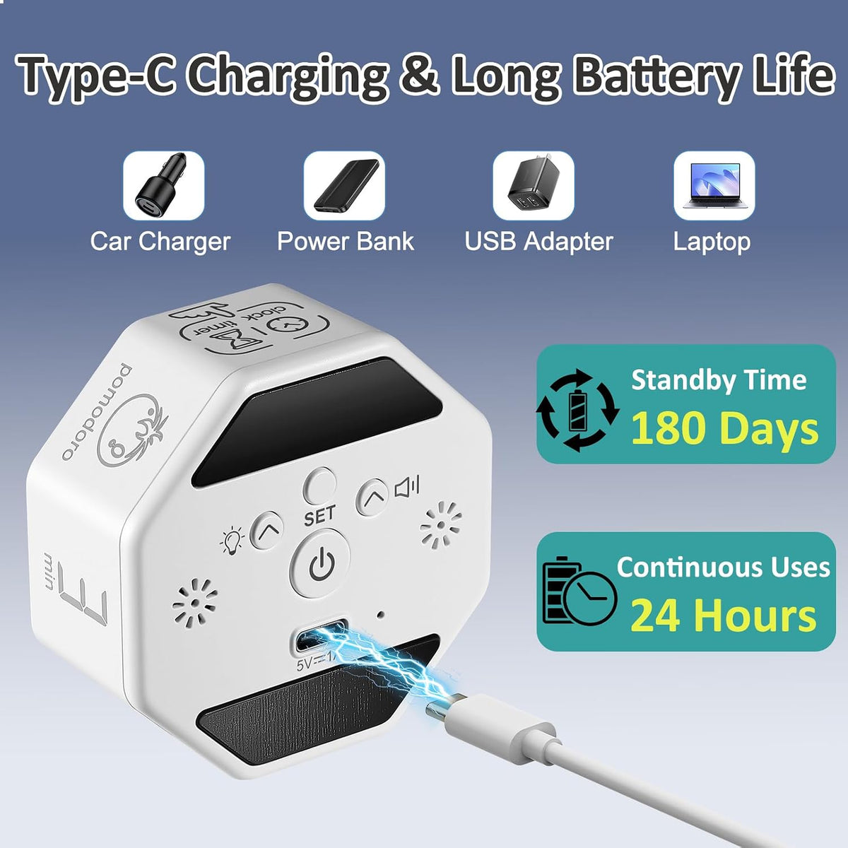 Rechargeable Pomodoro Timer, Magnetic Kitchen Timer for Cooking