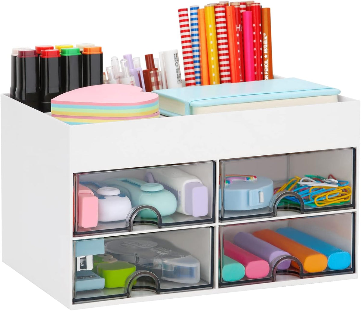 Desktop Organizer with Drawer, Accessories Stationary Organizer Desk Caddy, Pen/Pencil/Business Card/Sticky Note Tray/Paperclip Holder Storage Box (White)
