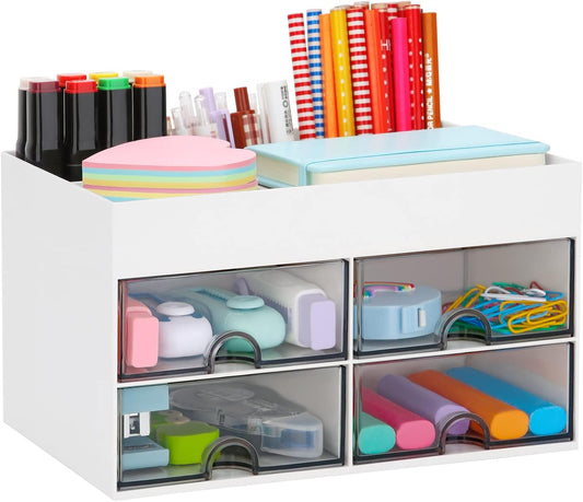 Desktop Organizer with Drawer, Accessories Stationary Organizer Desk Caddy, Pen/Pencil/Business Card/Sticky Note Tray/Paperclip Holder Storage Box (White)