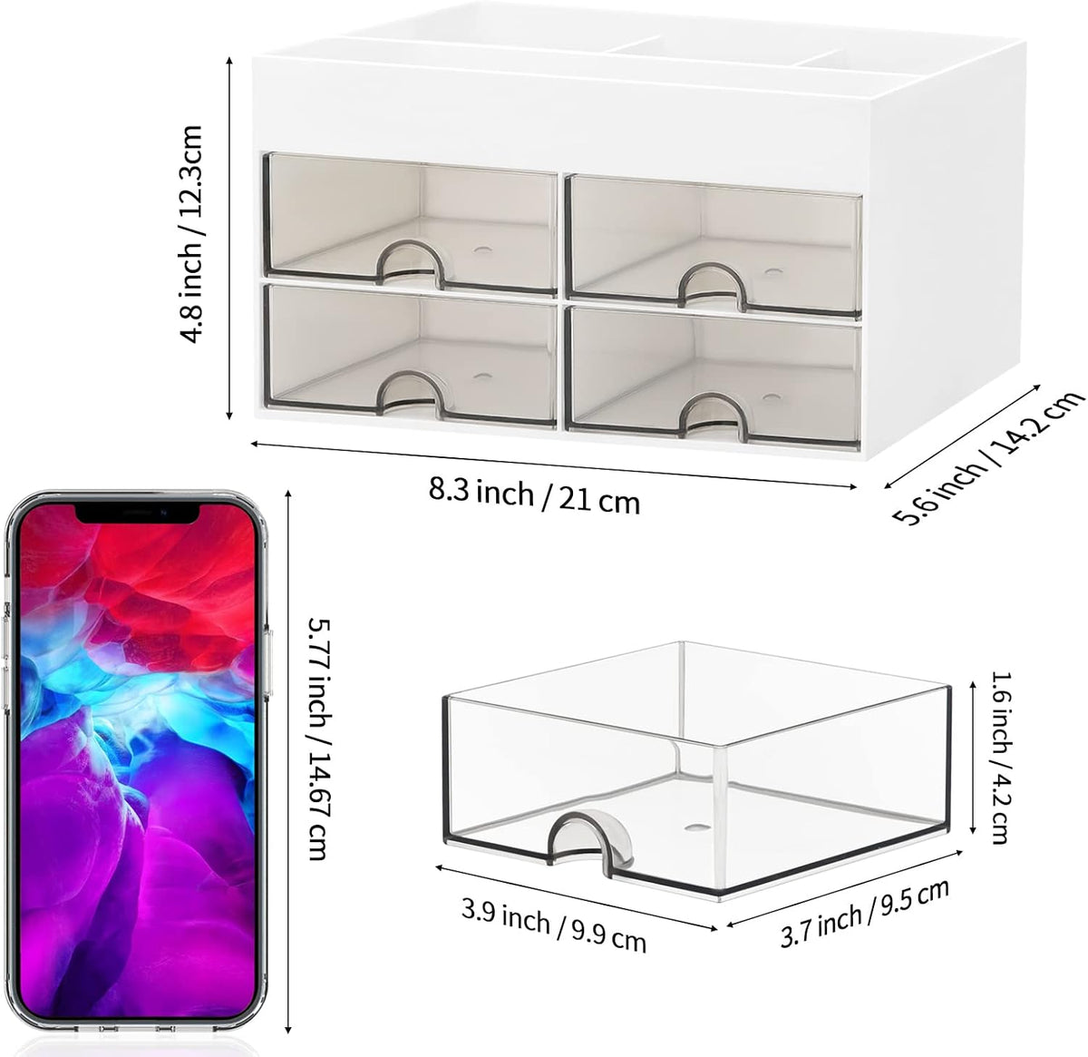 Desktop Organizer with Drawer, Accessories Stationary Organizer Desk Caddy, Pen/Pencil/Business Card/Sticky Note Tray/Paperclip Holder Storage Box (White)