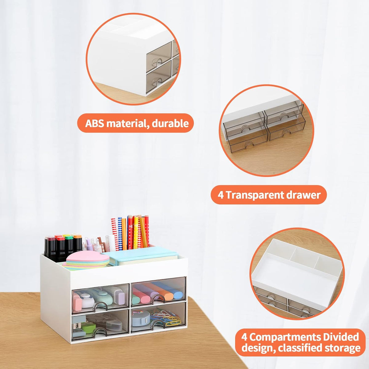 Desktop Organizer with Drawer, Accessories Stationary Organizer Desk Caddy, Pen/Pencil/Business Card/Sticky Note Tray/Paperclip Holder Storage Box (White)