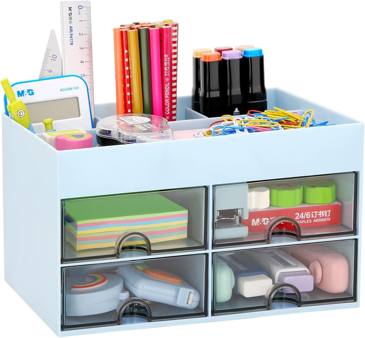 Desktop Organizer with Drawer, Accessories Stationary Organizer Desk Caddy, Pen/Pencil/Business Card/Sticky Note Tray/Paperclip Holder Storage Box (White)