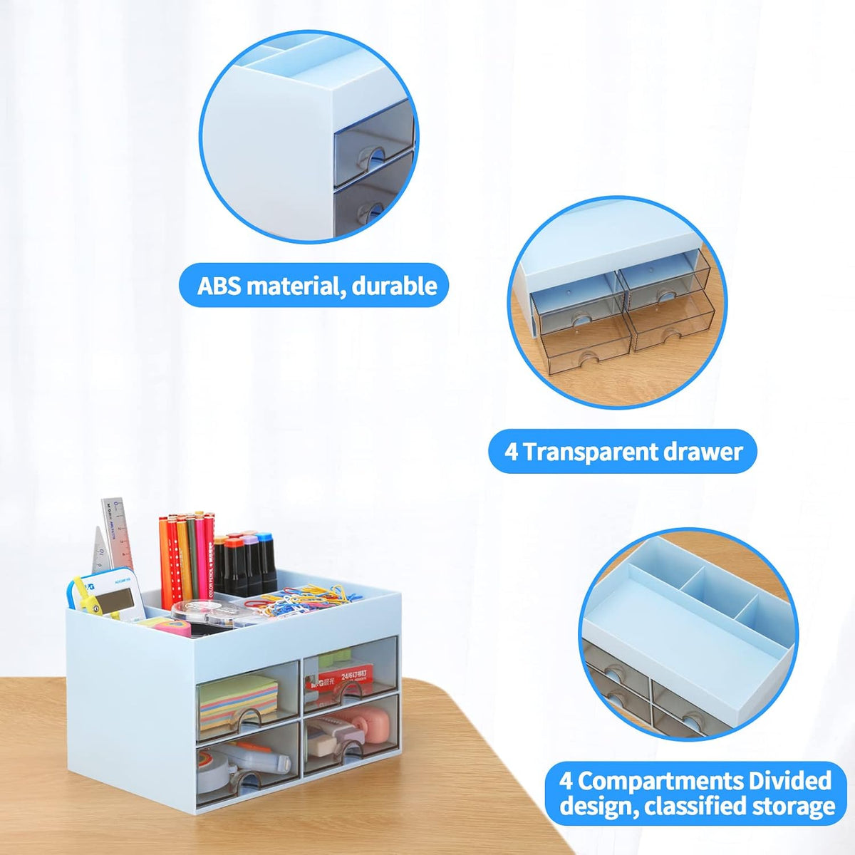 Desktop Organizer with Drawer, Accessories Stationary Organizer Desk Caddy, Pen/Pencil/Business Card/Sticky Note Tray/Paperclip Holder Storage Box (White)