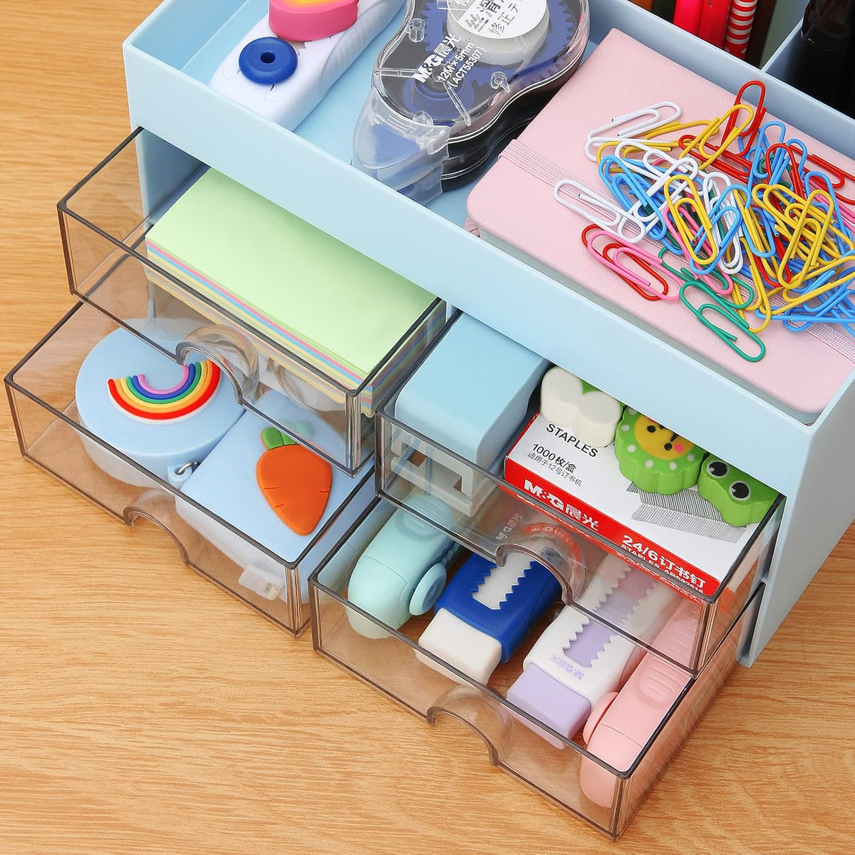 Desktop Organizer with Drawer, Accessories Stationary Organizer Desk Caddy, Pen/Pencil/Business Card/Sticky Note Tray/Paperclip Holder Storage Box (White)