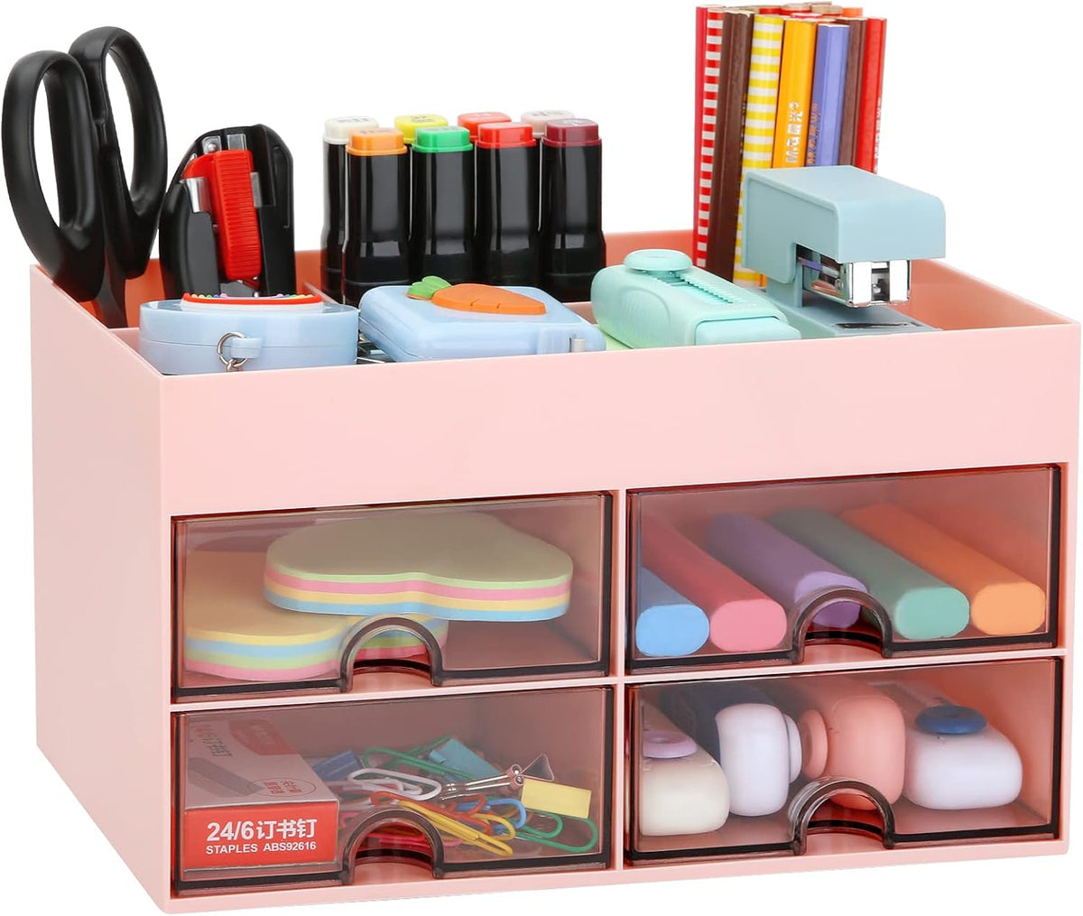 Desktop Organizer with Drawer, Accessories Stationary Organizer Desk Caddy, Pen/Pencil/Business Card/Sticky Note Tray/Paperclip Holder Storage Box (White)