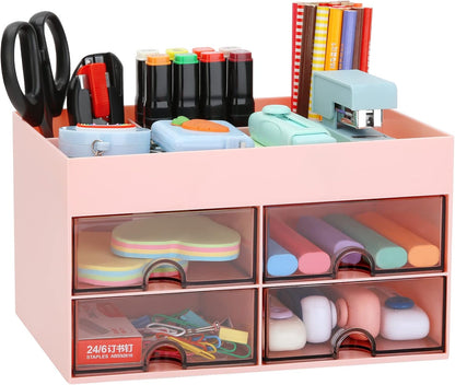 Desktop Organizer with Drawer, Accessories Stationary Organizer Desk Caddy, Pen/Pencil/Business Card/Sticky Note Tray/Paperclip Holder Storage Box (White)