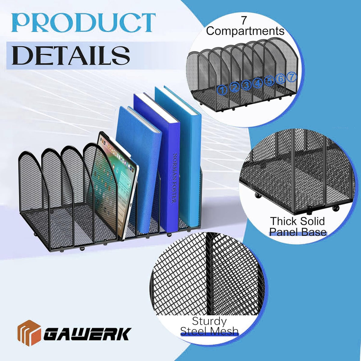 7-Section Desk File Organizer, Mesh Desktop File Sorter for Office