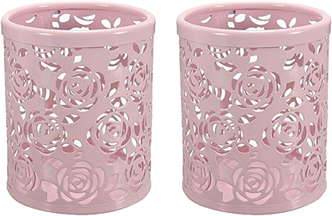 2 Pack Hollow Rose Flower Pattern Metal Pen Pencil Pot Cup Holder Desk Container Organizer,2 Pieces,Pink