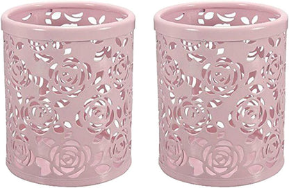 2 Pack Hollow Rose Flower Pattern Metal Pen Pencil Pot Cup Holder Desk Container Organizer,2 Pieces,Pink