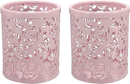 2 Pack Hollow Rose Flower Pattern Metal Pen Pencil Pot Cup Holder Desk Container Organizer,2 Pieces,Pink
