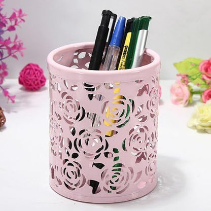 2 Pack Hollow Rose Flower Pattern Metal Pen Pencil Pot Cup Holder Desk Container Organizer,2 Pieces,Pink