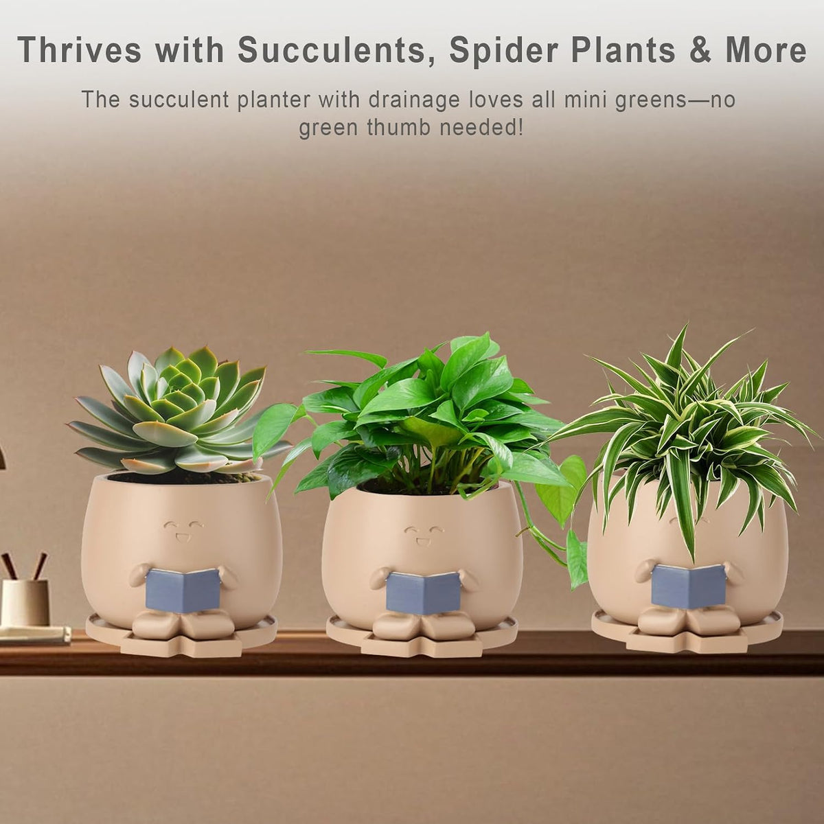 Bookworm Planter Pot with Drainage Cute Plant Pots for Succulents & Small Plants | Teacher Gifts Housewarming|Book Lover Gift, Indoor Planters | Christmas Teacher Gift Mother Dad Appreciation