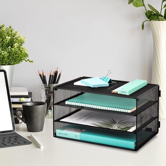3 Tier Mesh Desk Organizer Tray, File Paper Letter Folder Holder Desktop Paper Sorter Mail Organization Rack Storage Accessories, for Office Home School Classroom, Black