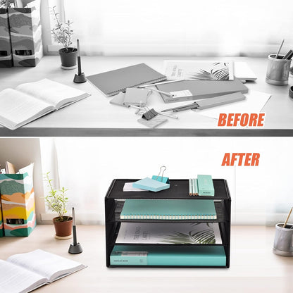 3 Tier Mesh Desk Organizer Tray, File Paper Letter Folder Holder Desktop Paper Sorter Mail Organization Rack Storage Accessories, for Office Home School Classroom, Black
