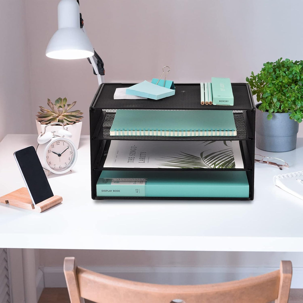 3 Tier Mesh Desk Organizer Tray, File Paper Letter Folder Holder Desktop Paper Sorter Mail Organization Rack Storage Accessories, for Office Home School Classroom, Black