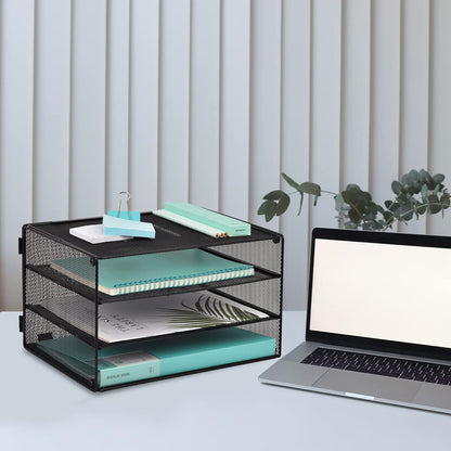 3 Tier Mesh Desk Organizer Tray, File Paper Letter Folder Holder Desktop Paper Sorter Mail Organization Rack Storage Accessories, for Office Home School Classroom, Black