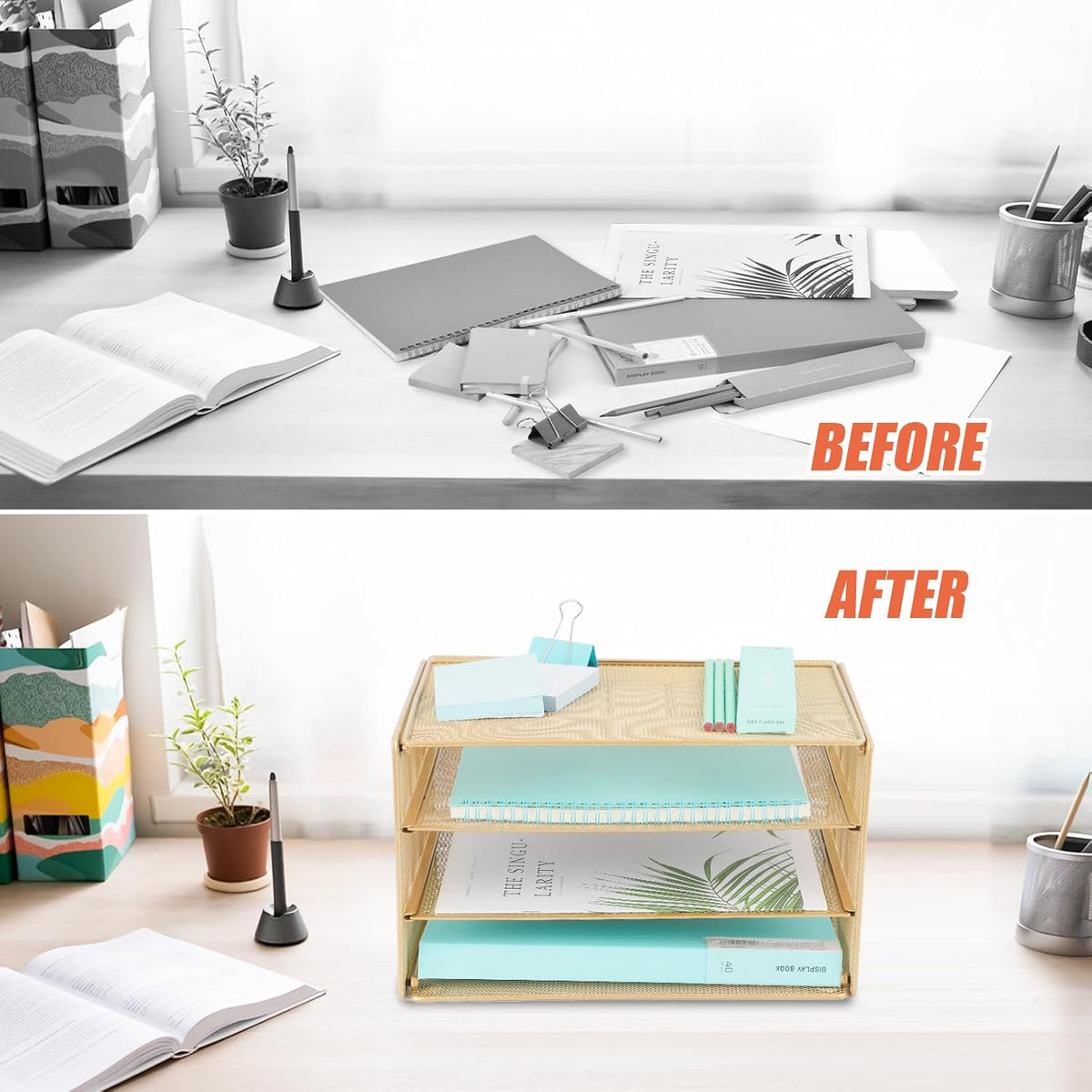 3 Tier Mesh Desk Organizer Tray, File Paper Letter Folder Holder Desktop Paper Sorter Mail Organization Rack Storage Accessories, for Office Home School Classroom, Black