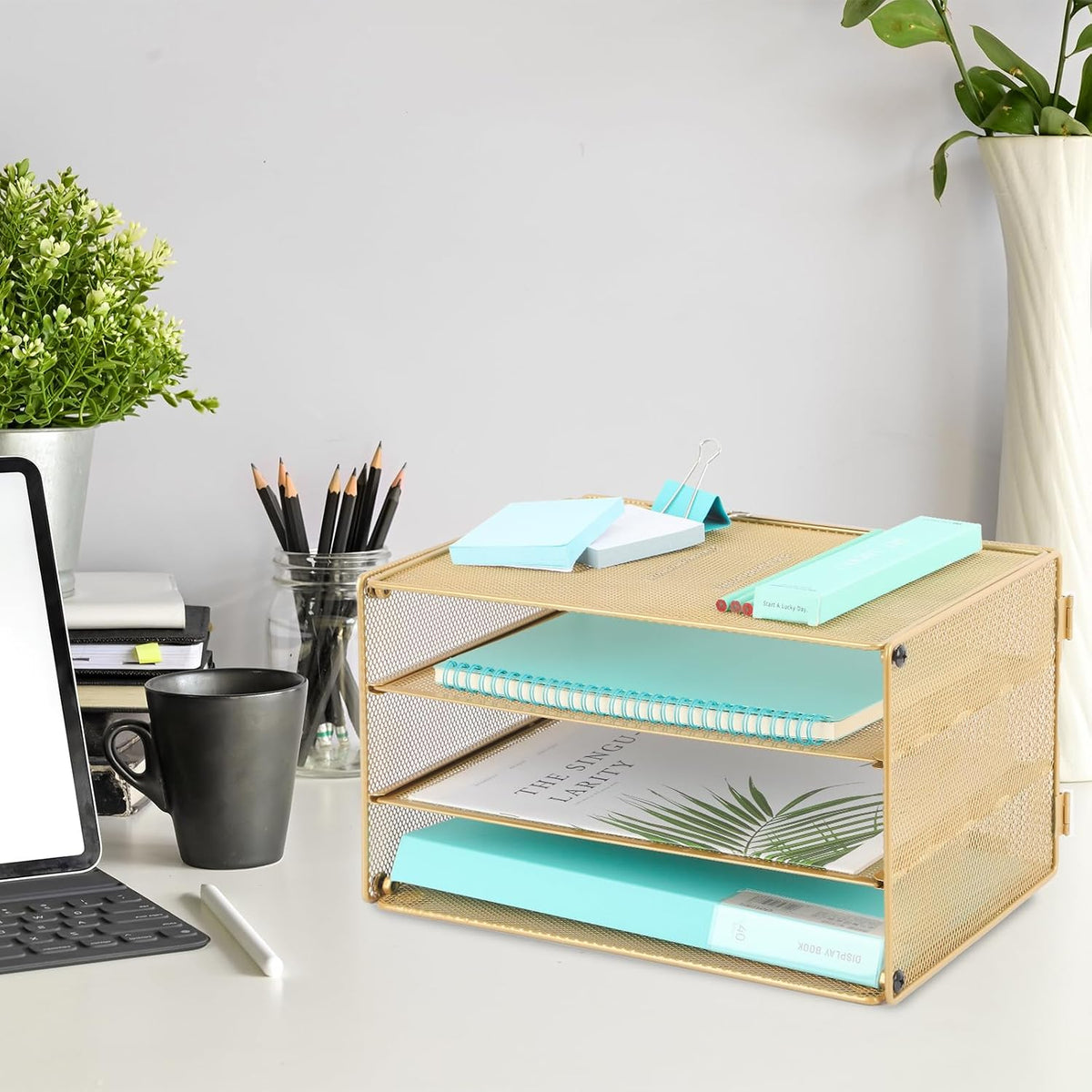 3 Tier Mesh Desk Organizer Tray, File Paper Letter Folder Holder Desktop Paper Sorter Mail Organization Rack Storage Accessories, for Office Home School Classroom, Black