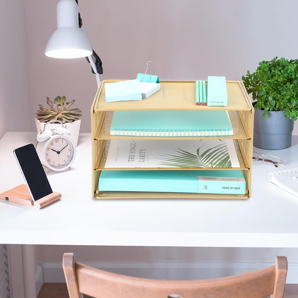3 Tier Mesh Desk Organizer Tray, File Paper Letter Folder Holder Desktop Paper Sorter Mail Organization Rack Storage Accessories, for Office Home School Classroom, Black