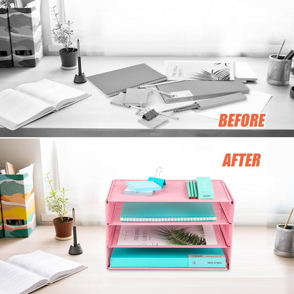 3 Tier Mesh Desk Organizer Tray, File Paper Letter Folder Holder Desktop Paper Sorter Mail Organization Rack Storage Accessories, for Office Home School Classroom, Black