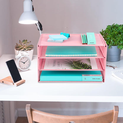 3 Tier Mesh Desk Organizer Tray, File Paper Letter Folder Holder Desktop Paper Sorter Mail Organization Rack Storage Accessories, for Office Home School Classroom, Black