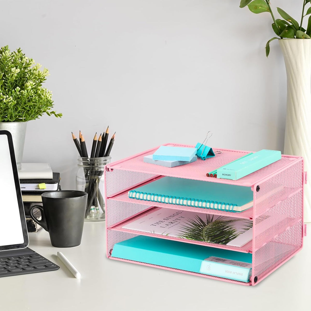 3 Tier Mesh Desk Organizer Tray, File Paper Letter Folder Holder Desktop Paper Sorter Mail Organization Rack Storage Accessories, for Office Home School Classroom, Black