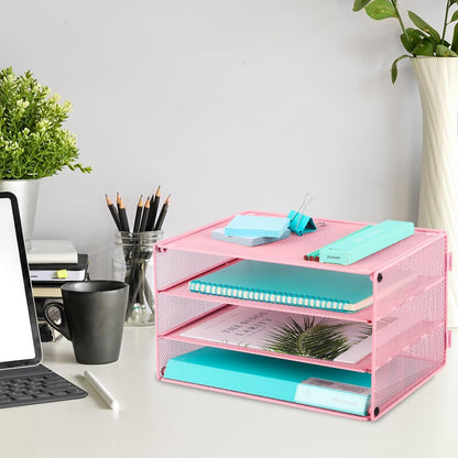 3 Tier Mesh Desk Organizer Tray, File Paper Letter Folder Holder Desktop Paper Sorter Mail Organization Rack Storage Accessories, for Office Home School Classroom, Black