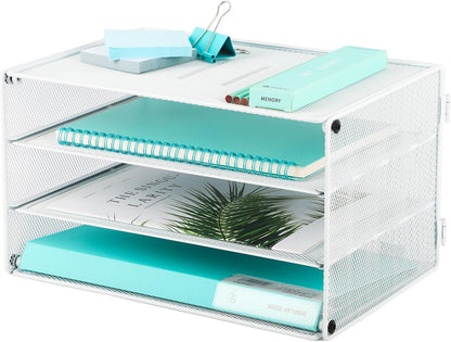 3 Tier Mesh Desk Organizer Tray, File Paper Letter Folder Holder Desktop Paper Sorter Mail Organization Rack Storage Accessories, for Office Home School Classroom, Black