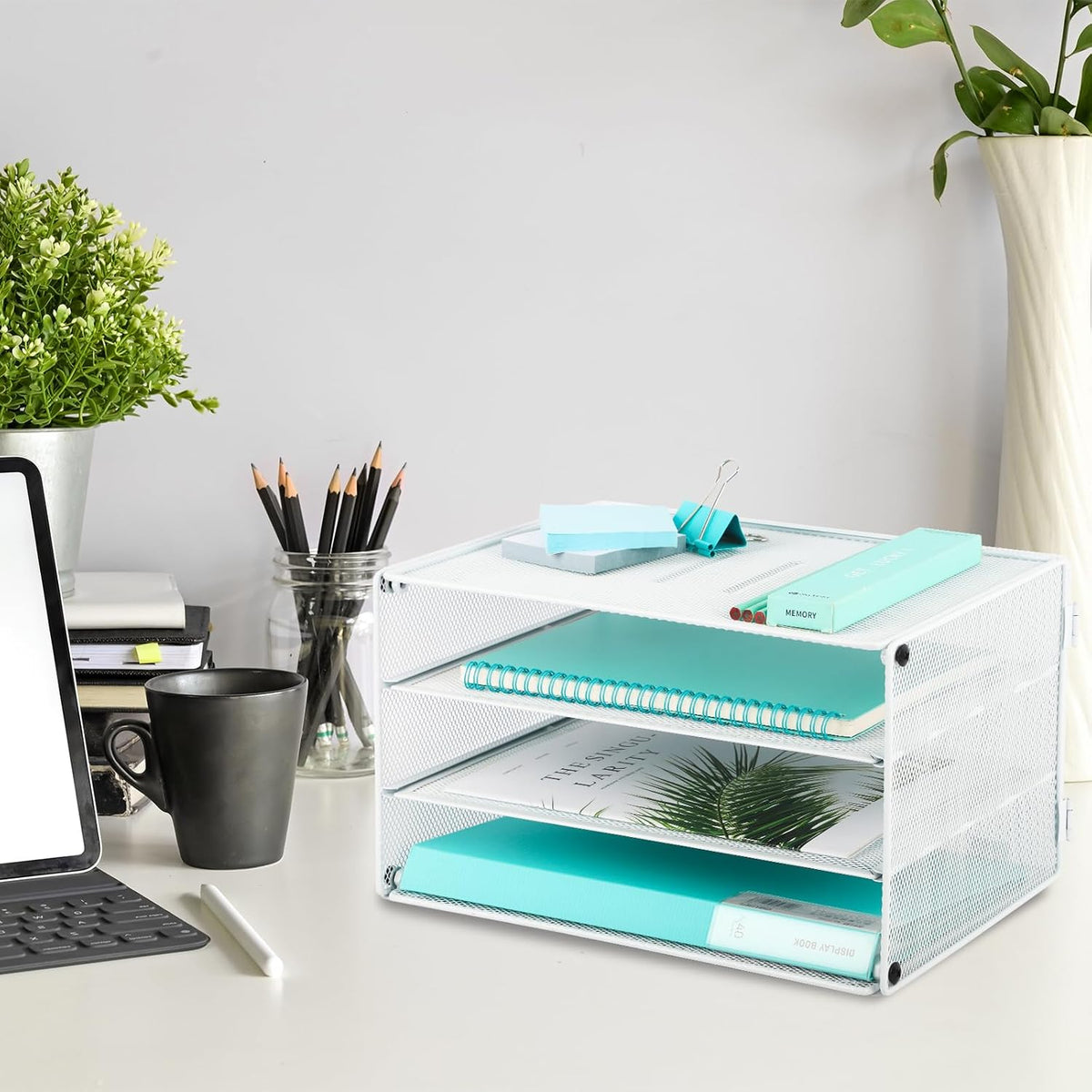 3 Tier Mesh Desk Organizer Tray, File Paper Letter Folder Holder Desktop Paper Sorter Mail Organization Rack Storage Accessories, for Office Home School Classroom, Black