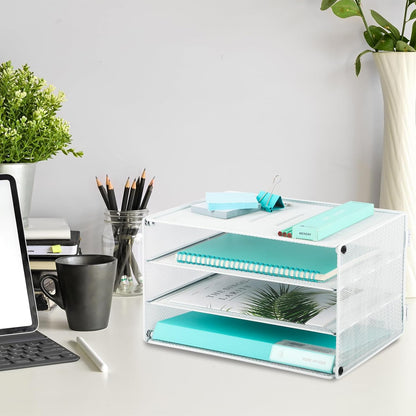 3 Tier Mesh Desk Organizer Tray, File Paper Letter Folder Holder Desktop Paper Sorter Mail Organization Rack Storage Accessories, for Office Home School Classroom, Black