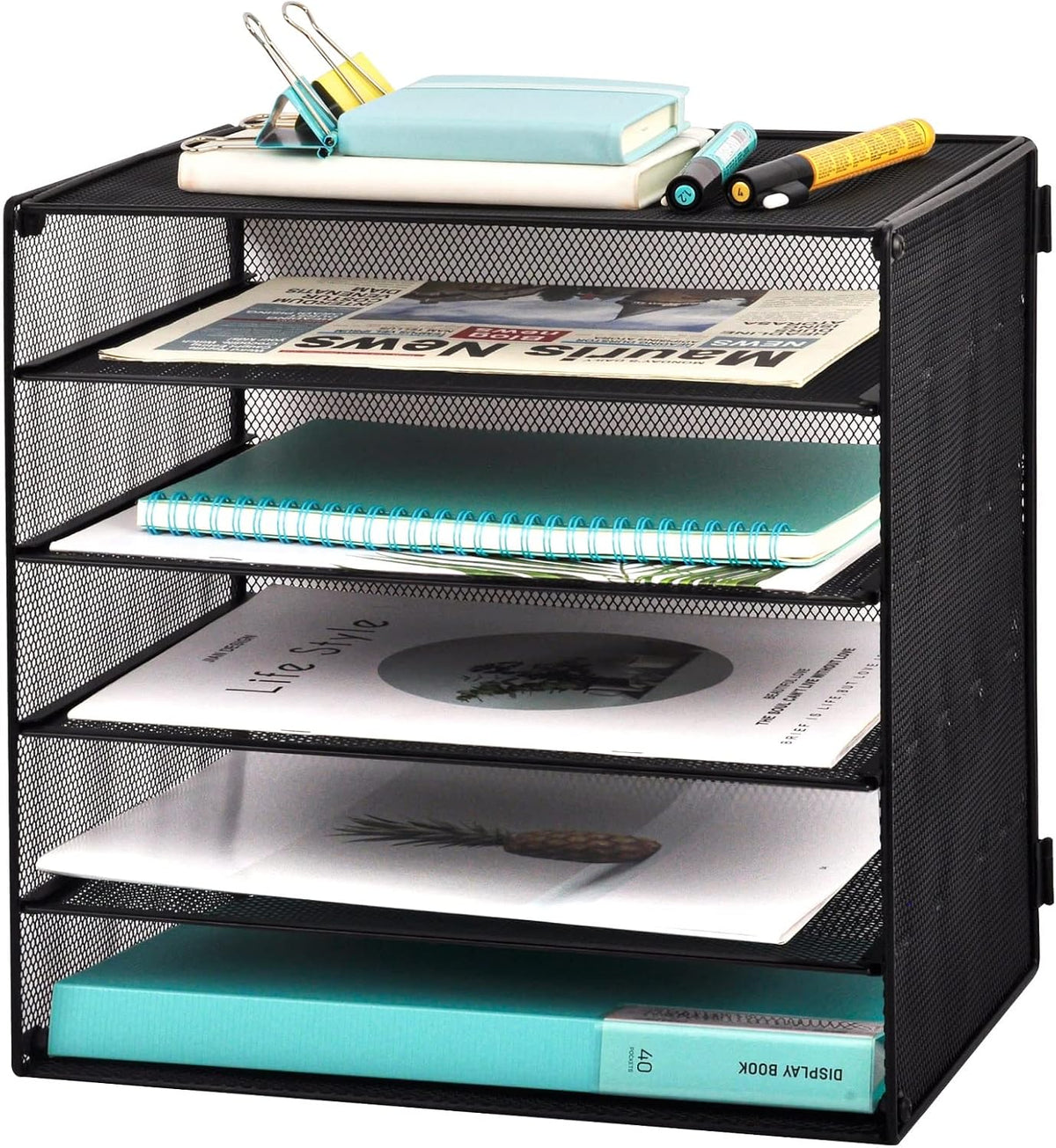 3 Tier Mesh Desk Organizer Tray, File Paper Letter Folder Holder Desktop Paper Sorter Mail Organization Rack Storage Accessories, for Office Home School Classroom, Black